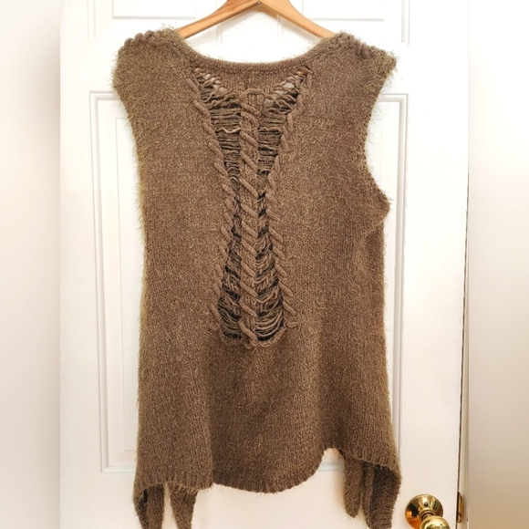 Pol distressed sweater vest size small olive soft & cozy boho oversized - Picture 2 of 6